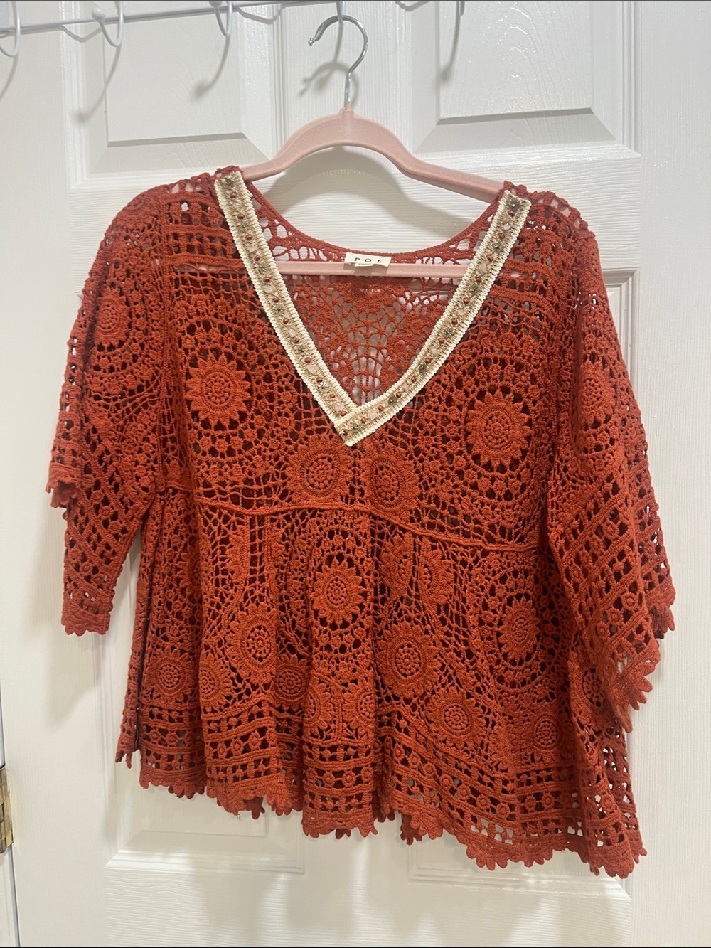 POL Rust Crochet V-Neck Tunic with Cream Beaded Trim